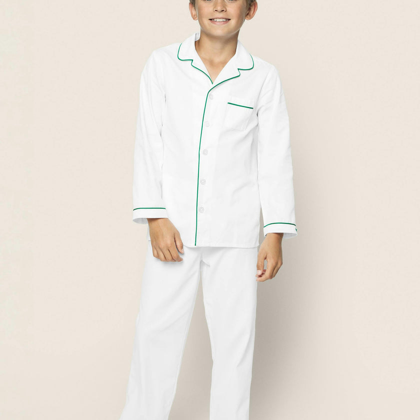 Kid's Twill Pajama Set in White with Green Piping