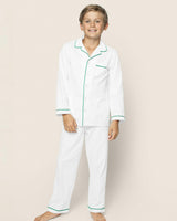 Kid's Twill Pajama Set in White with Green Piping