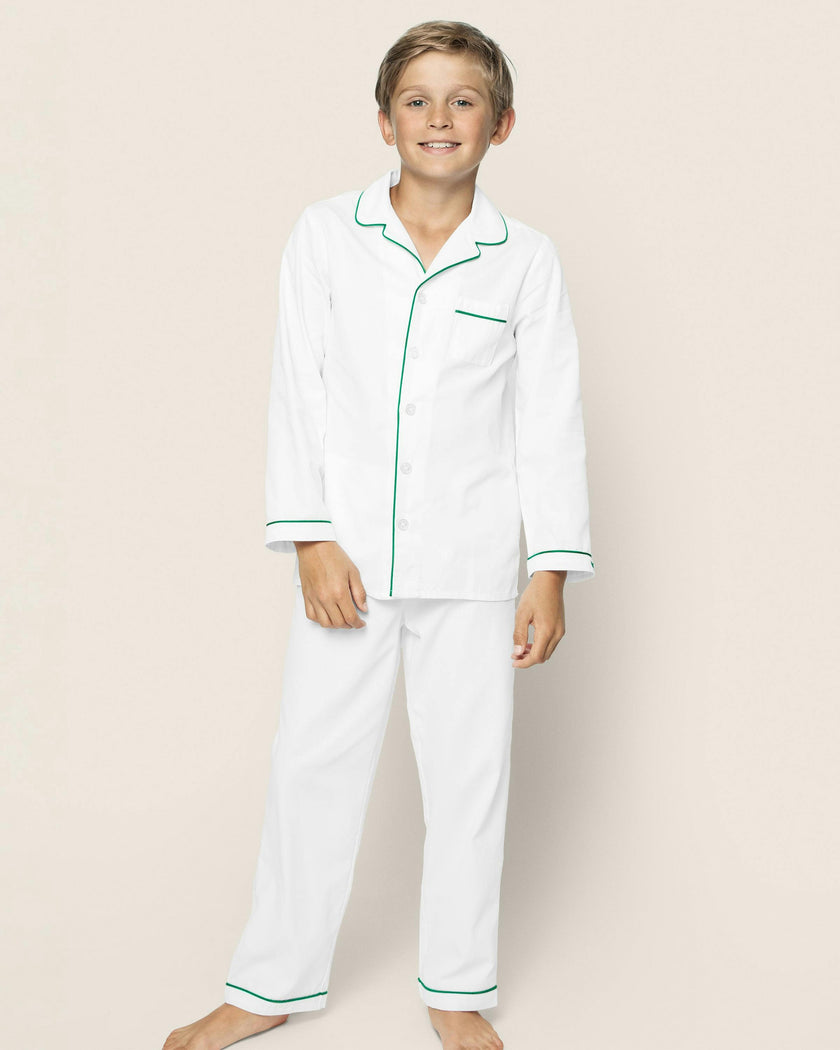 Kid's Twill Pajama Set in White with Green Piping