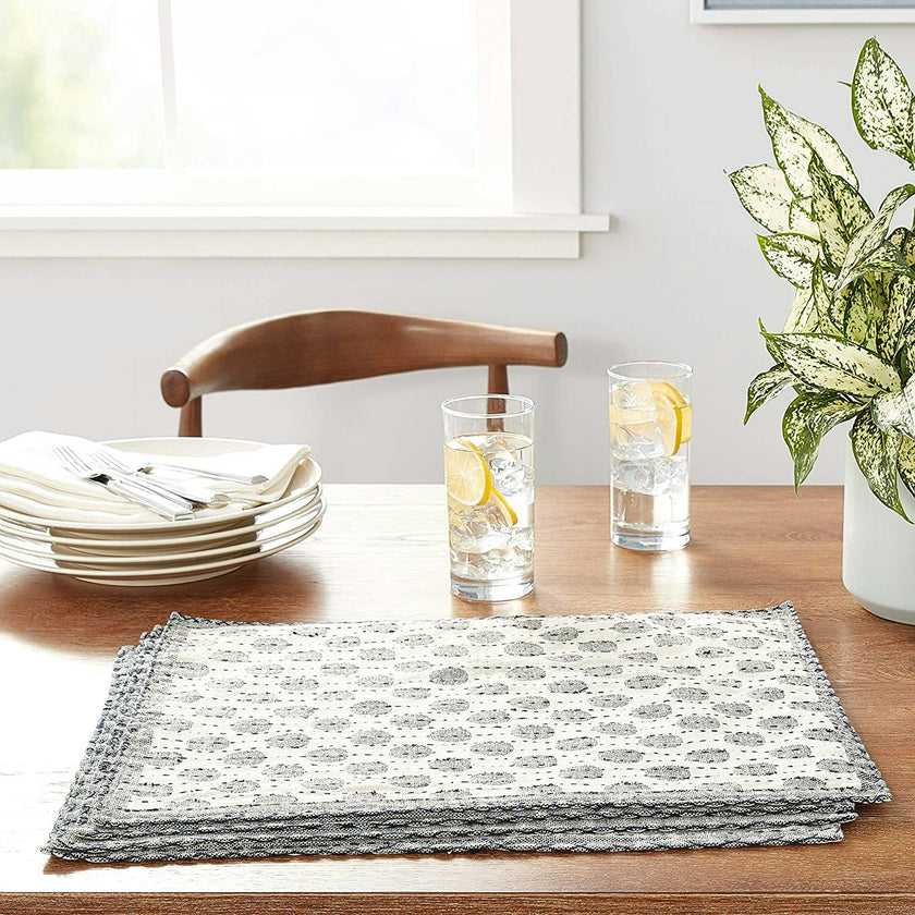 Artisan Hand Loomed Placemat - Navy Dots - 14" x 19"- Set of 4