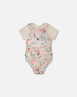 Organic Cotton Jersey Onesie And Muslin Overall Set White And Pink Printed Berries