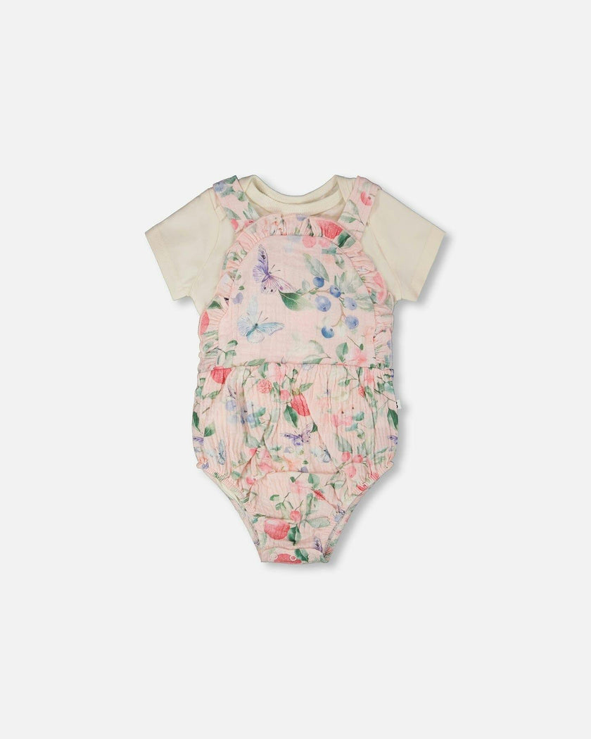Organic Cotton Jersey Onesie And Muslin Overall Set White And Pink Printed Berries