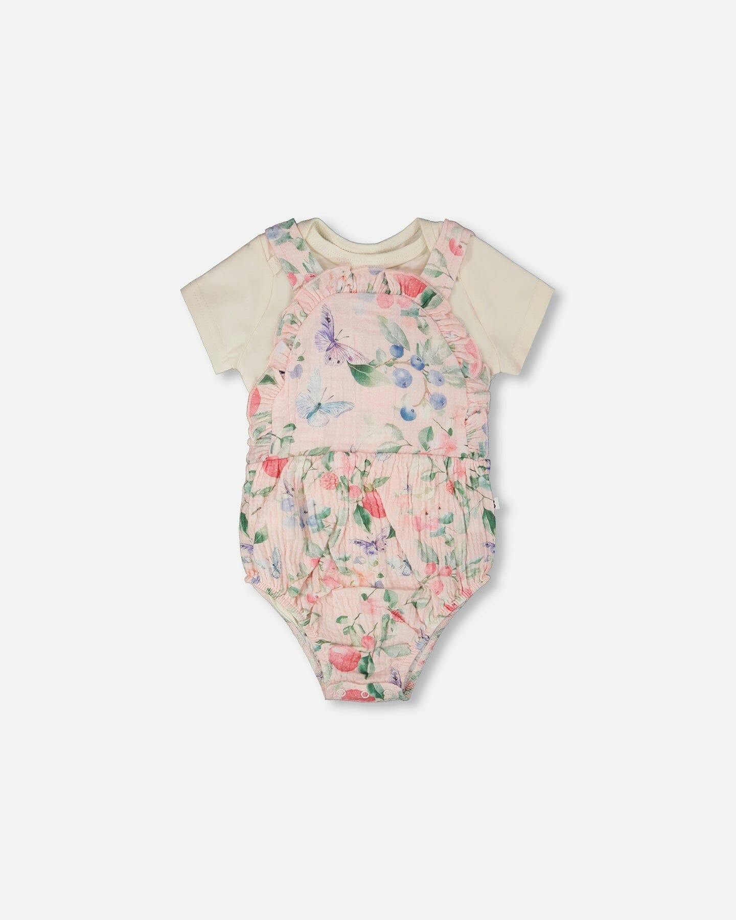 Organic Cotton Jersey Onesie And Muslin Overall Set White And Pink Printed Berries