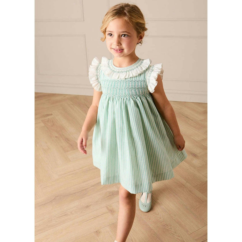 Wimbledon Stripe Hand Smocked Frill Collar Cap Sleeve Dress in Green (12mths- 10yrs)