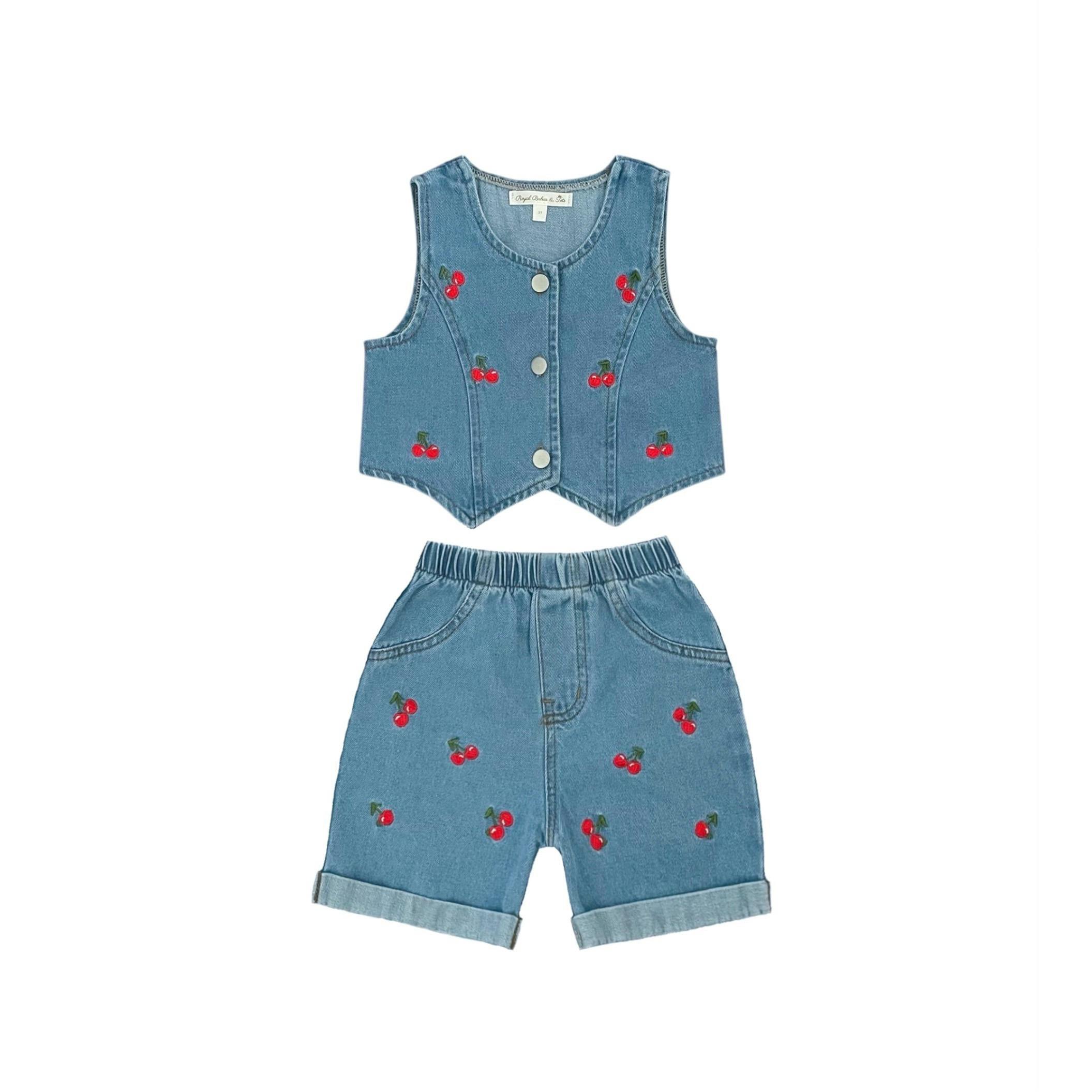 Girls' Denim Cherry Vest & Short 2pc Set