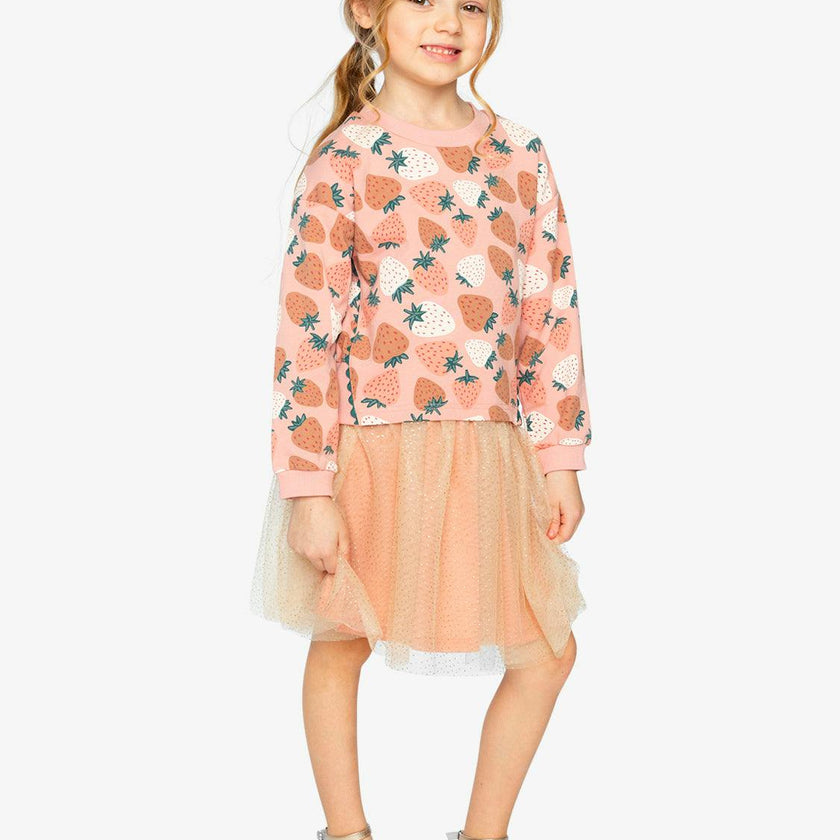 Bi-Material Dress Pink Strawberry Print