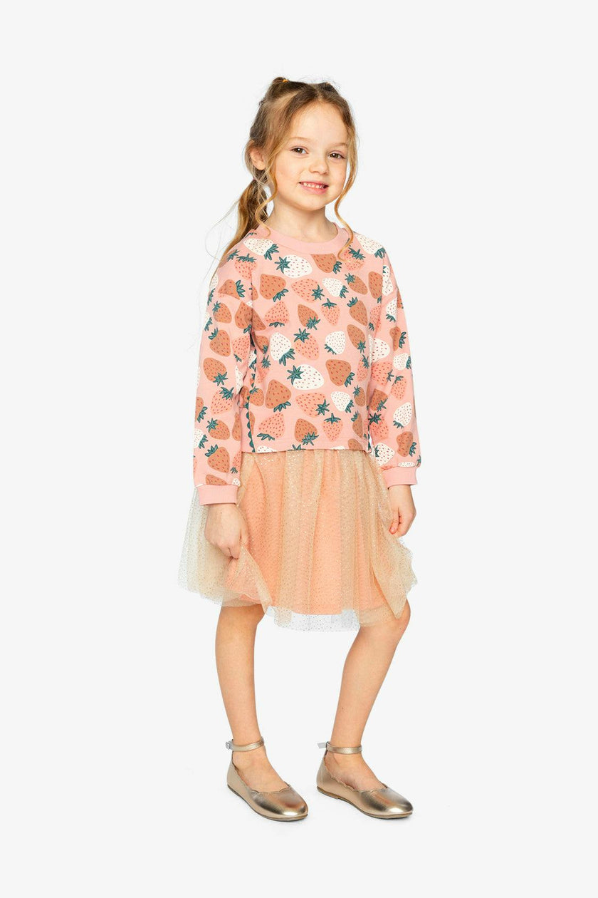 Bi-Material Dress Pink Strawberry Print