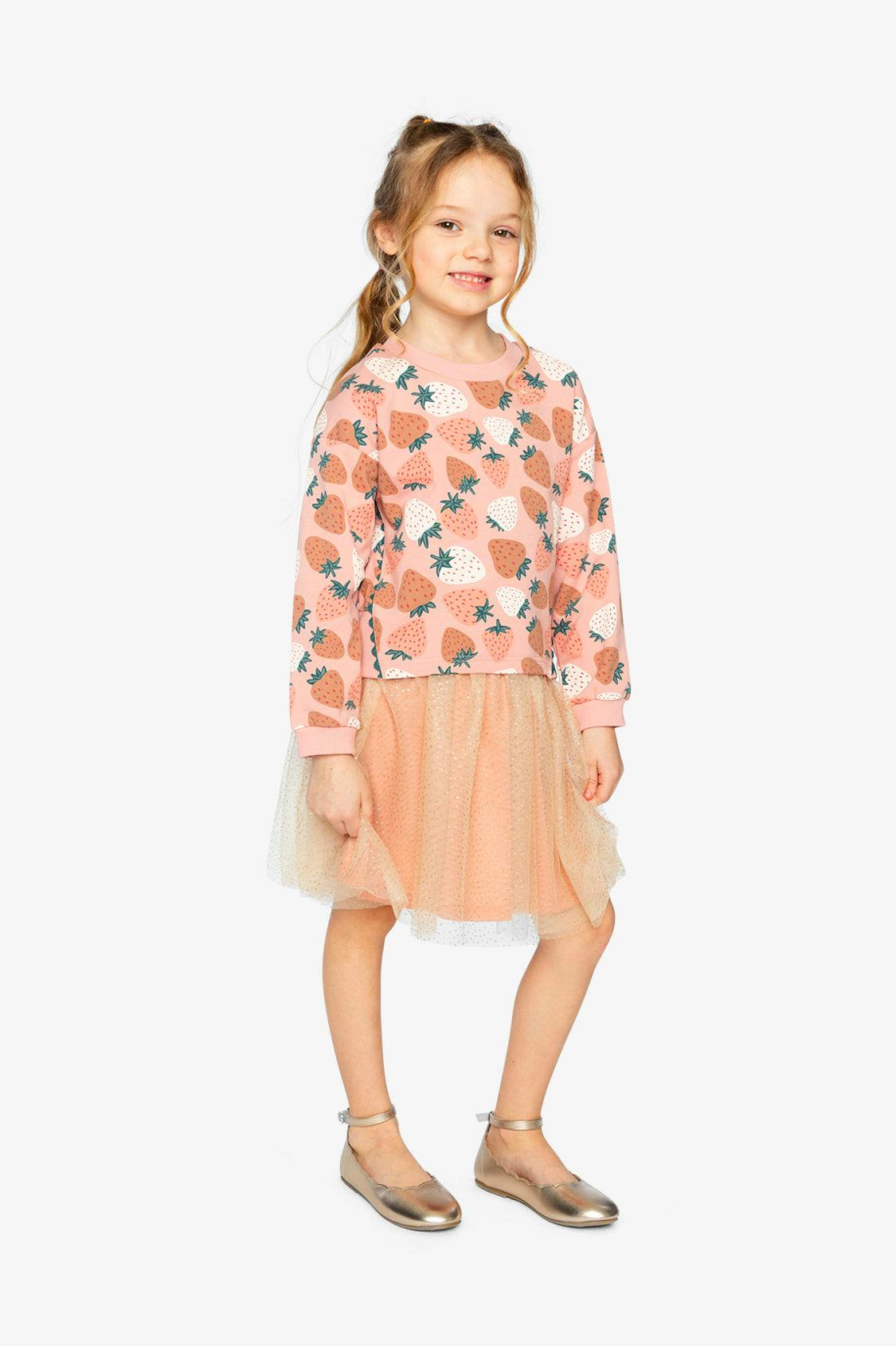 Bi-Material Dress Pink Strawberry Print