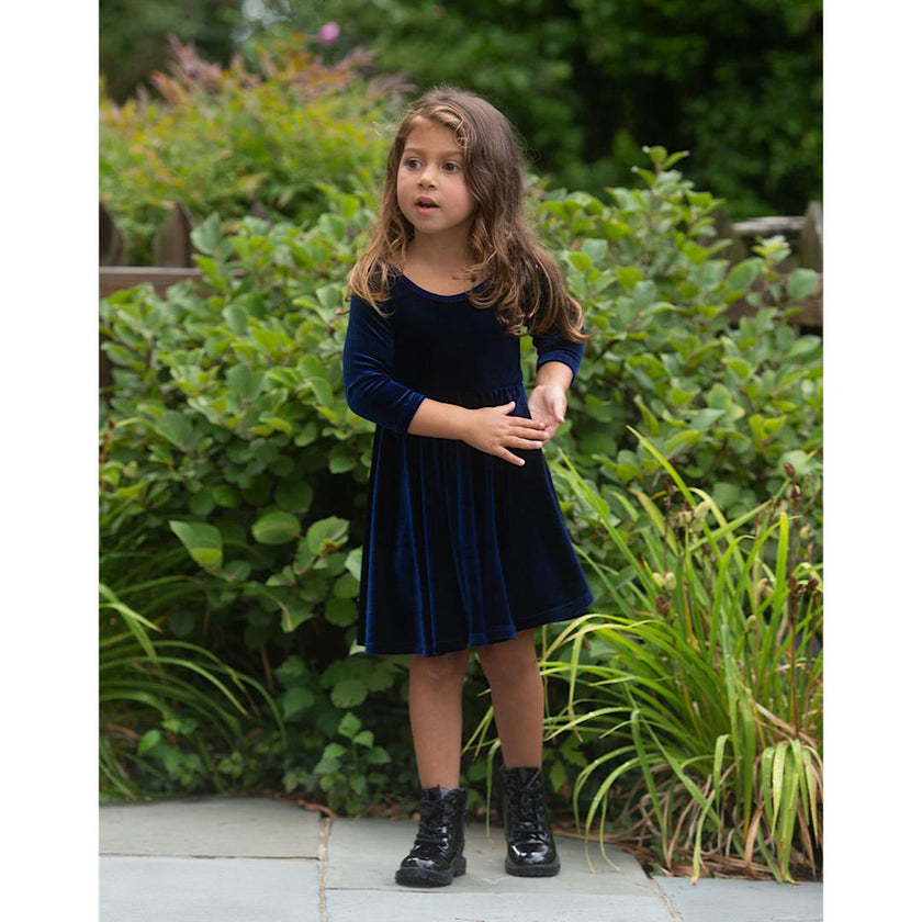 Twirly Dress in Navy Stretch Velvet FW25