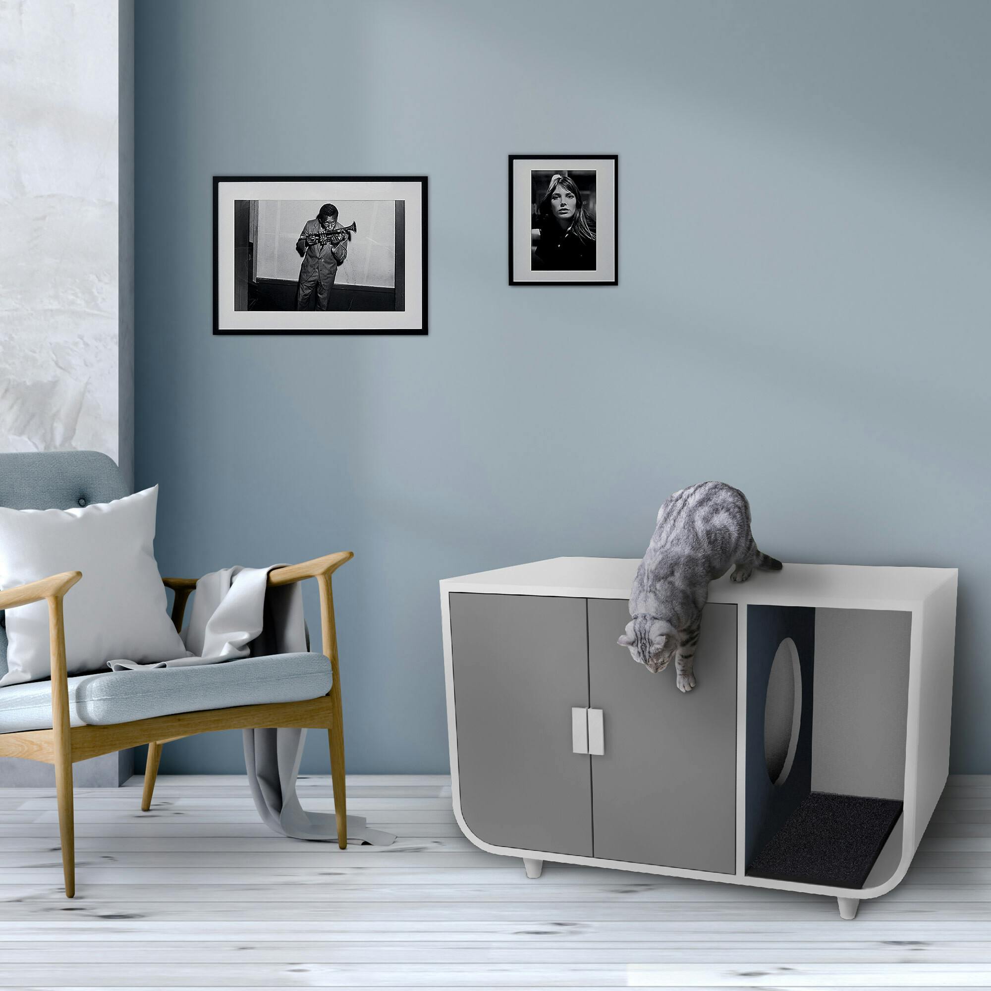 Dyad Large Mid Century Wooden Litter Box Cabinet and Side Table