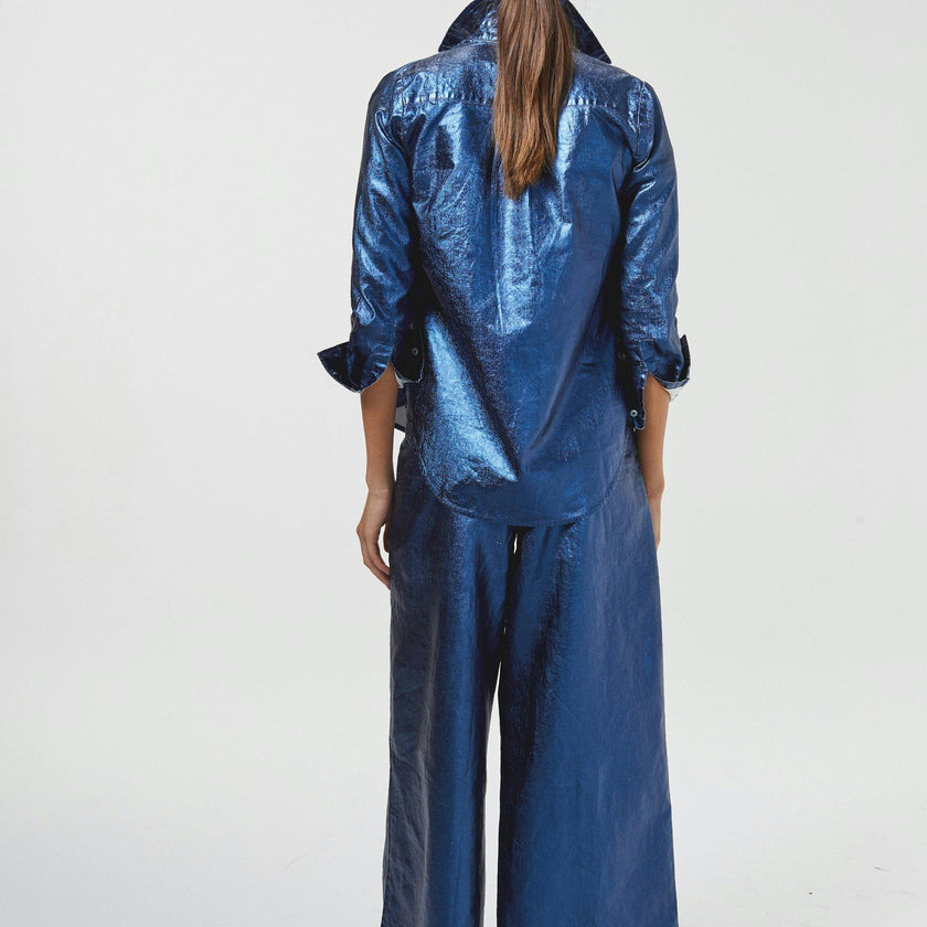Culotte Metallic Linen Pants - Dark Blue