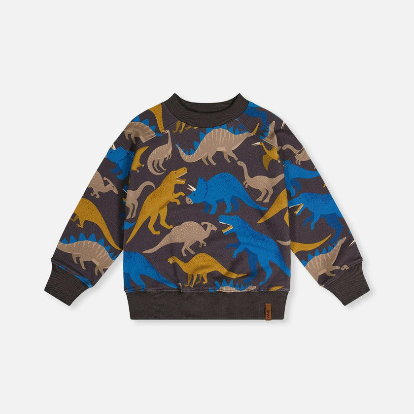 Fleece Sweatshirt Grey Dinosaur Print