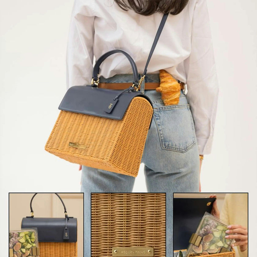 Medium Insulated Hand-Woven Wicker Lunchbox, Natural & Navy