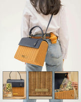 Medium Insulated Hand-Woven Wicker Lunchbox, Natural & Navy