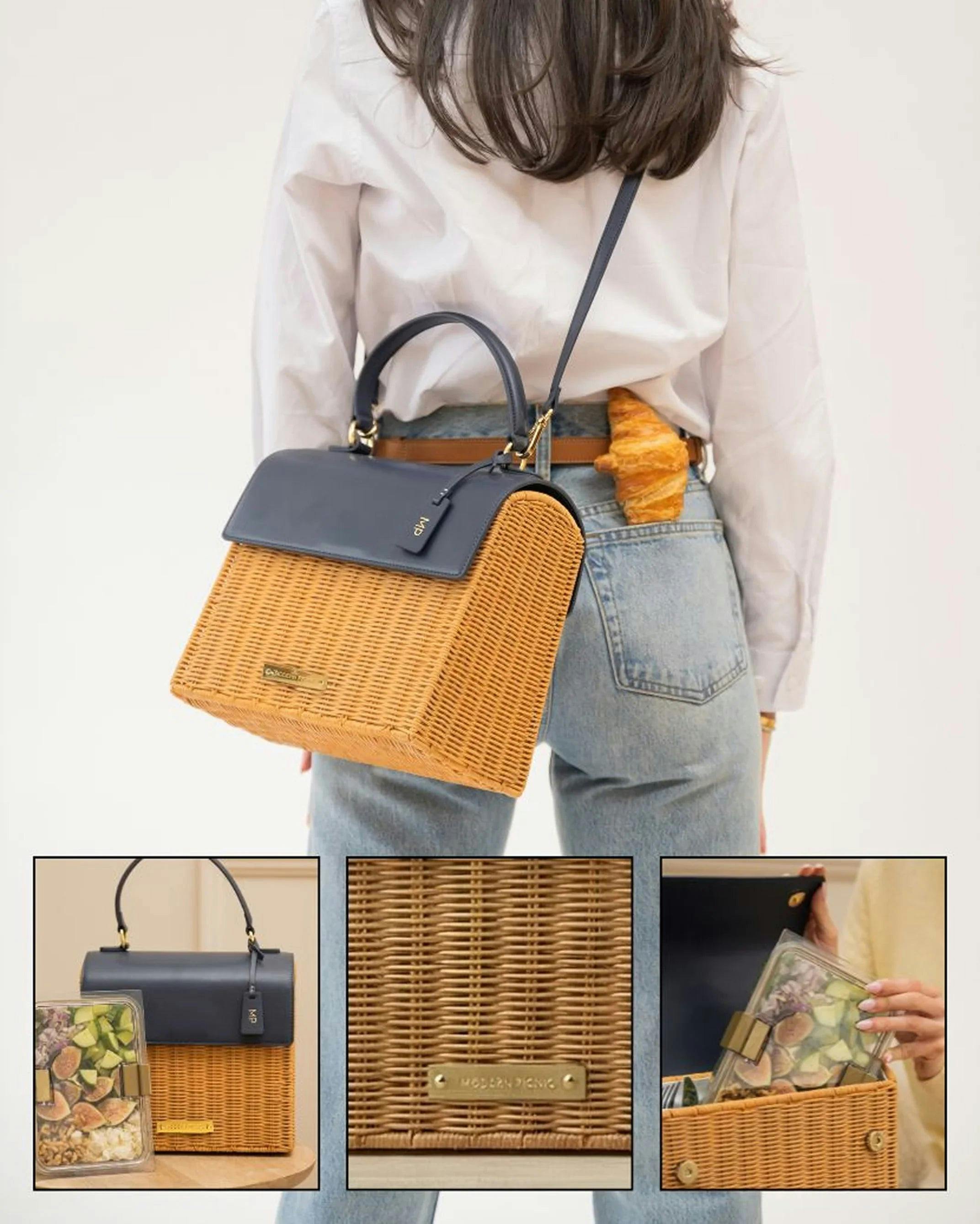 Medium Insulated Hand-Woven Wicker Lunchbox, Natural & Navy