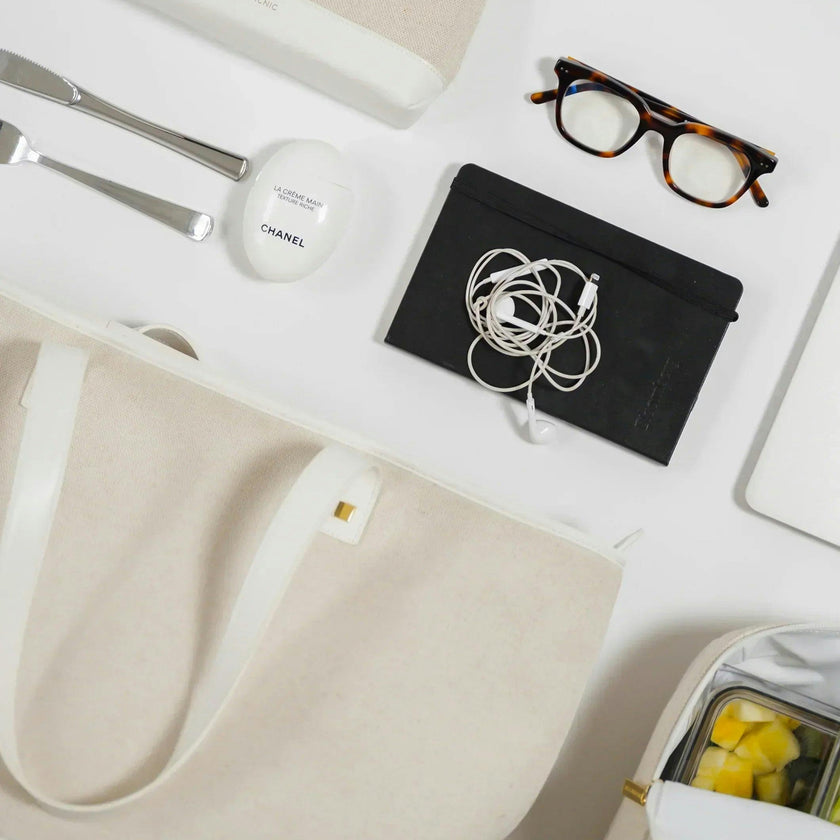 Vegan Leather Work Tote Bag with Removable Insulated Pouch, White Canvas