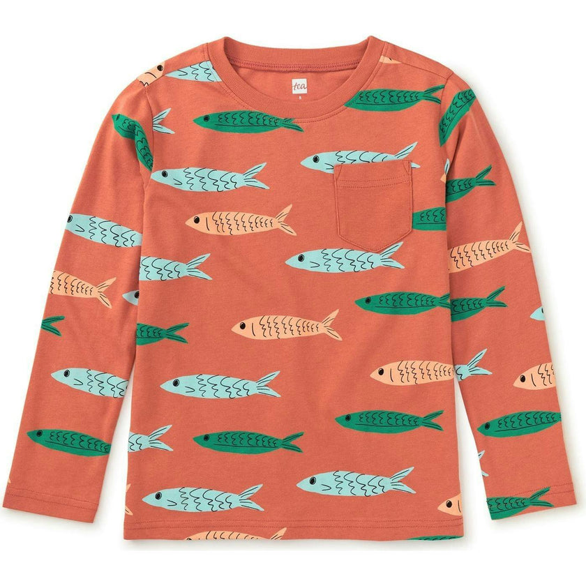 Long Sleeve Printed Pocket Tee, Brown