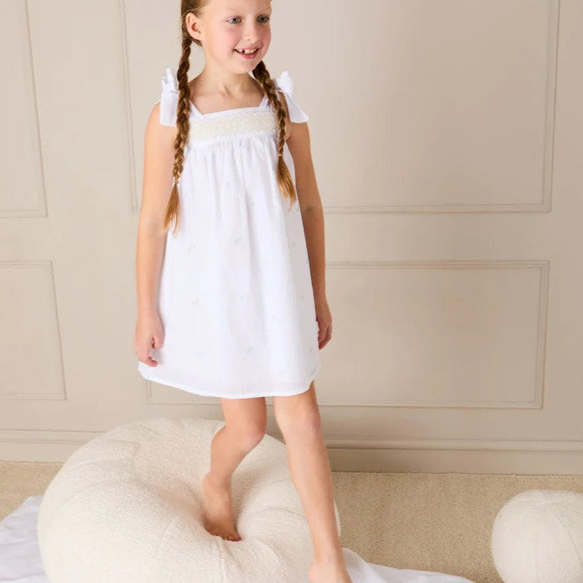 Bluebell Embroidered Bow Shoulder Tie Night Dress in White (18mths- 10yrs)