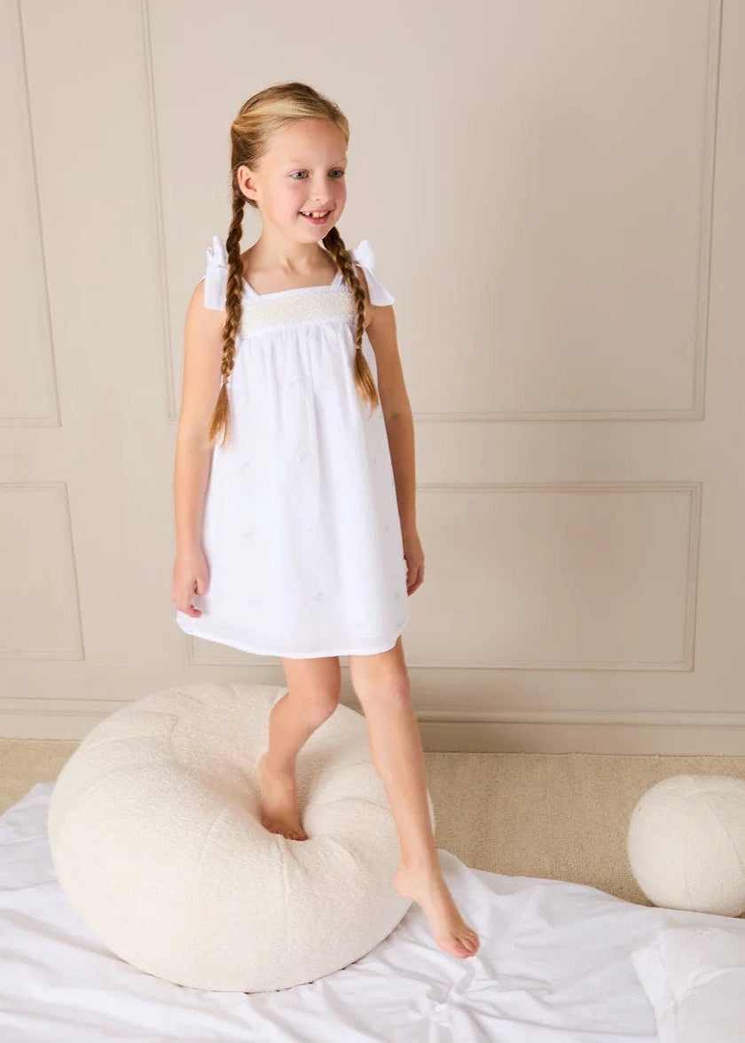Bluebell Embroidered Bow Shoulder Tie Night Dress in White (18mths- 10yrs)