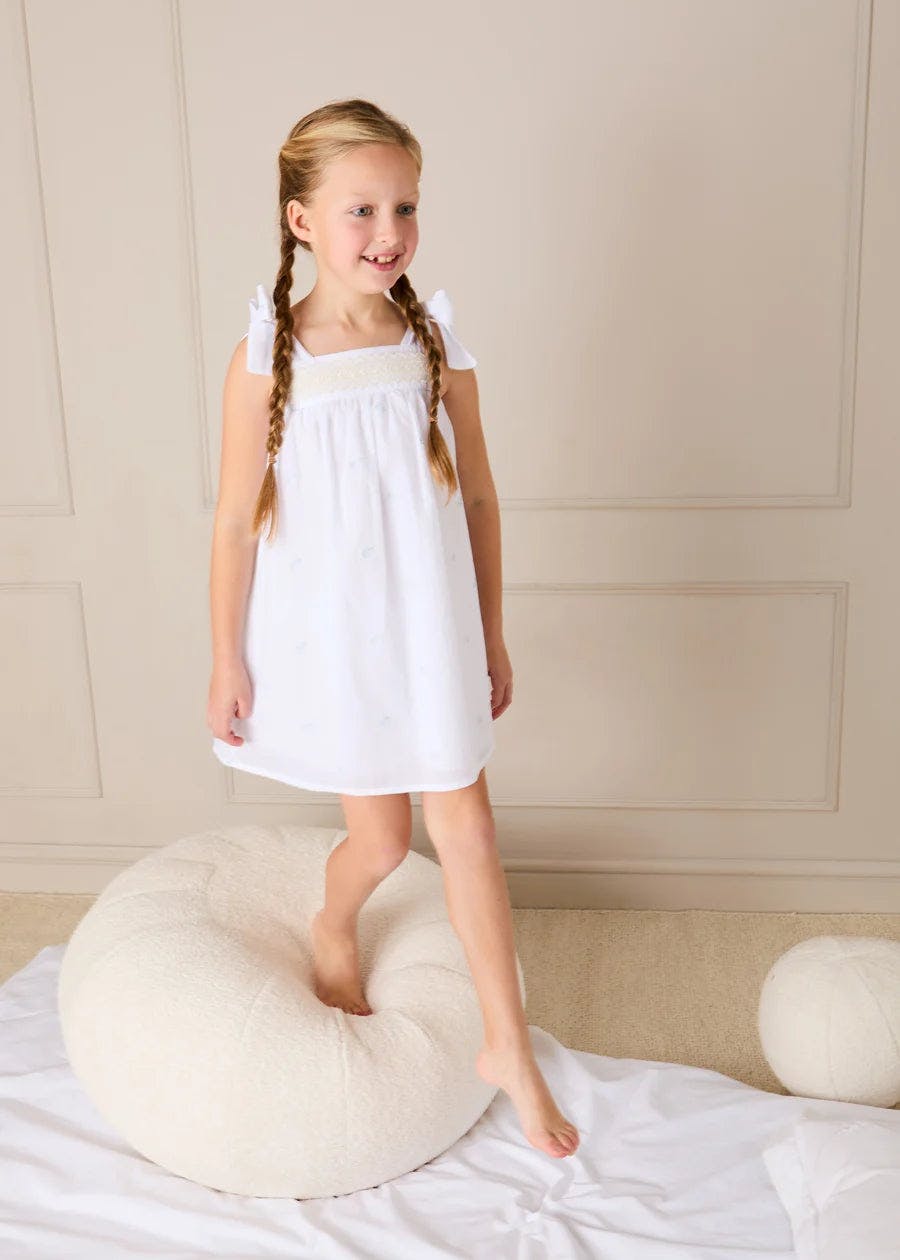 Bluebell Embroidered Bow Shoulder Tie Night Dress in White (18mths- 10yrs)