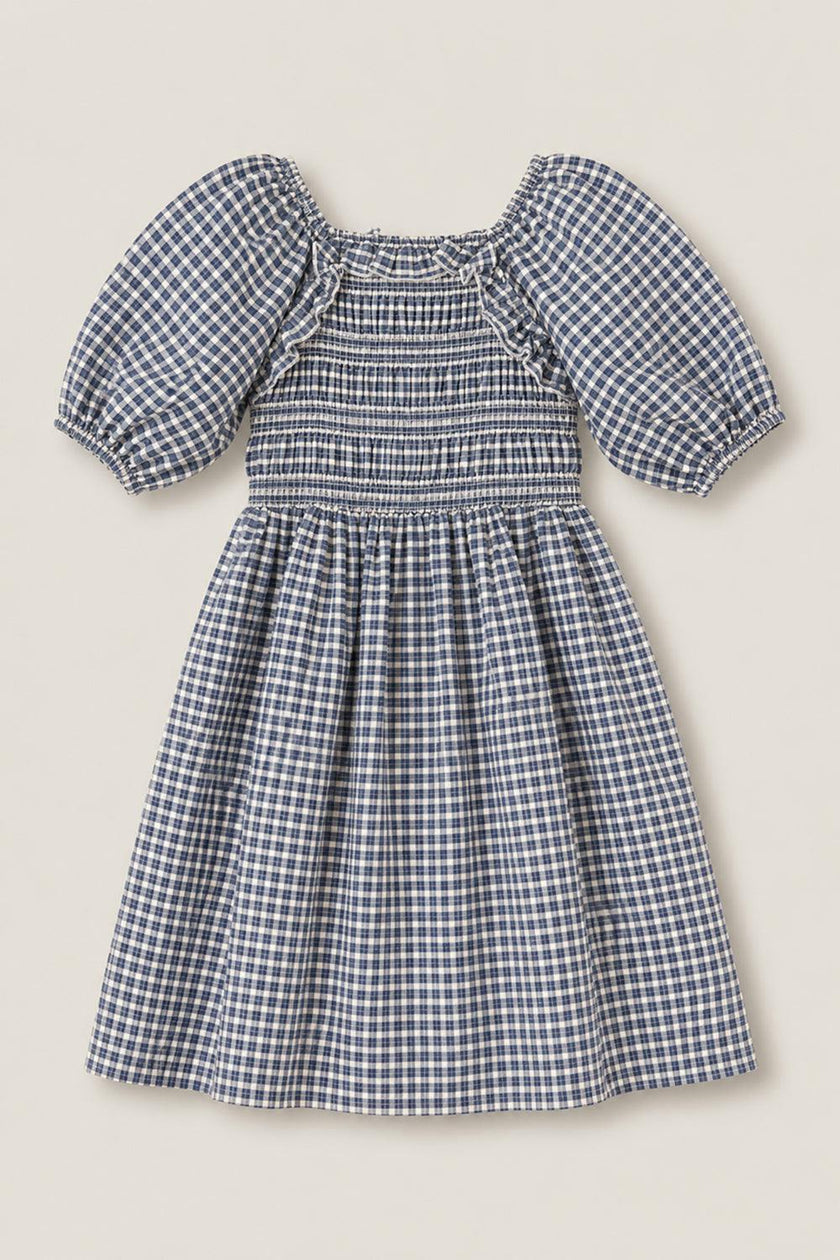 Mini Mae 3/4 Sleeve Dress in Prussian Blue Plaid