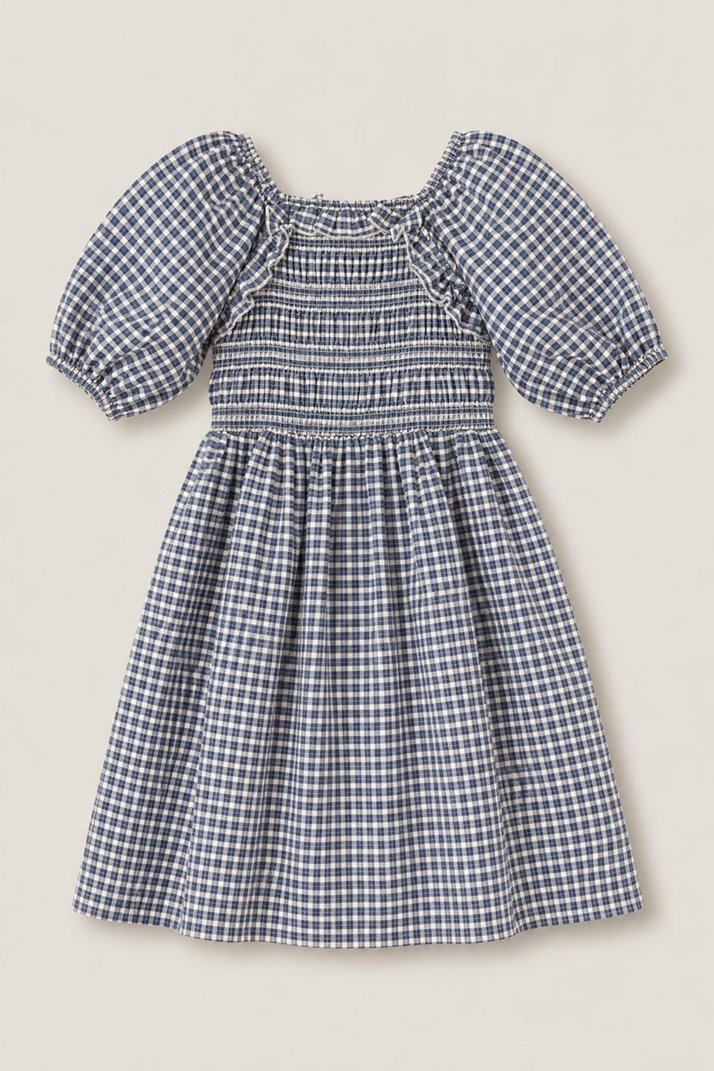 Mini Mae 3/4 Sleeve Dress in Prussian Blue Plaid