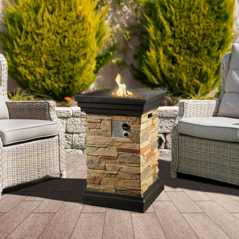 20" Outdoor Square Slate Rock Propane Gas Fire Pit With Steel Base