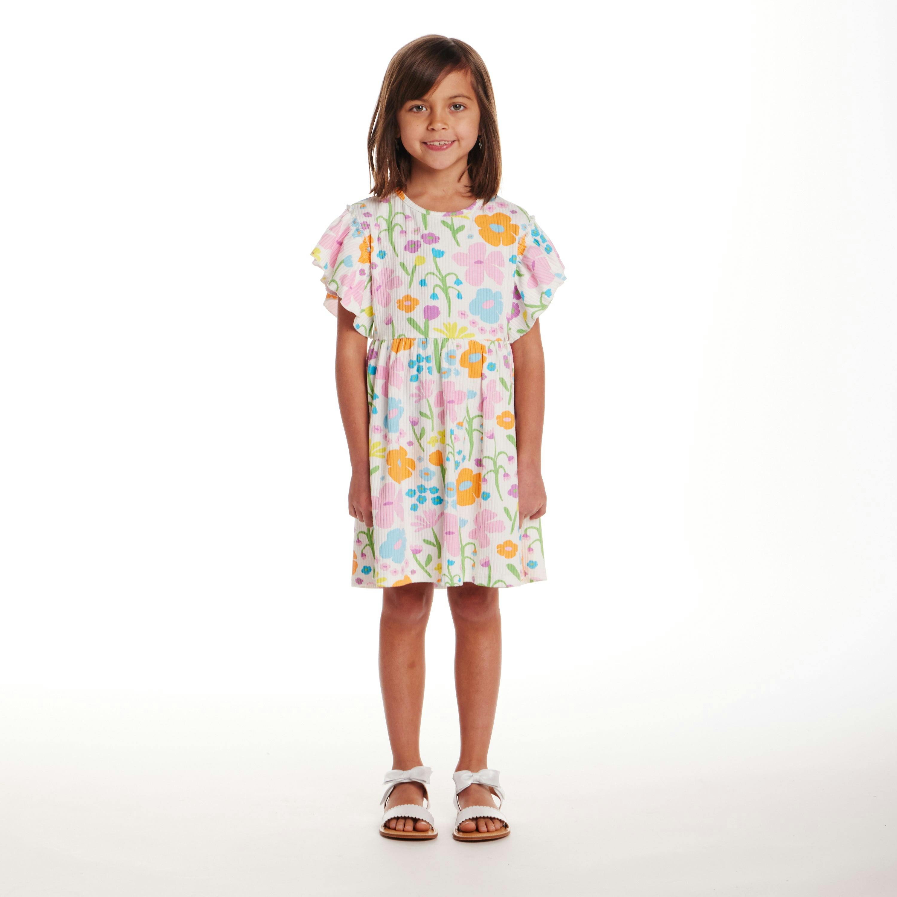 Kids White Rib Knit Dress w/ Ruffle Sleeves