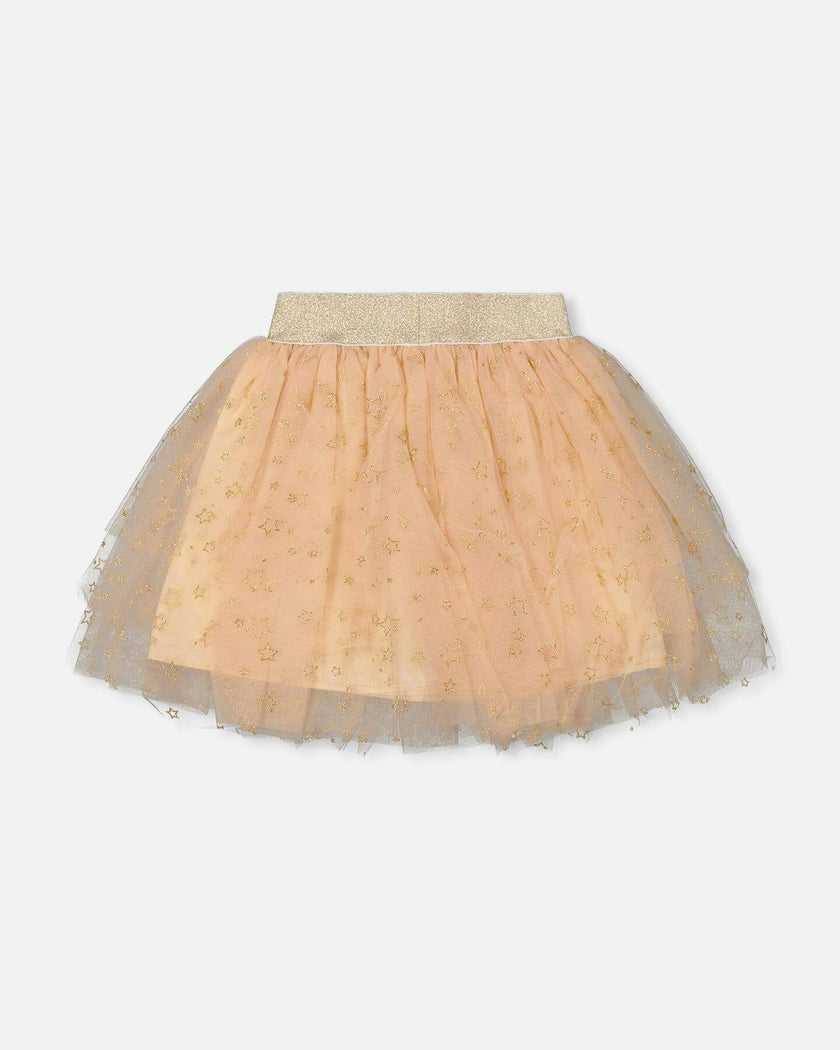 Multi Layer Glittering Mesh Skirt Beige