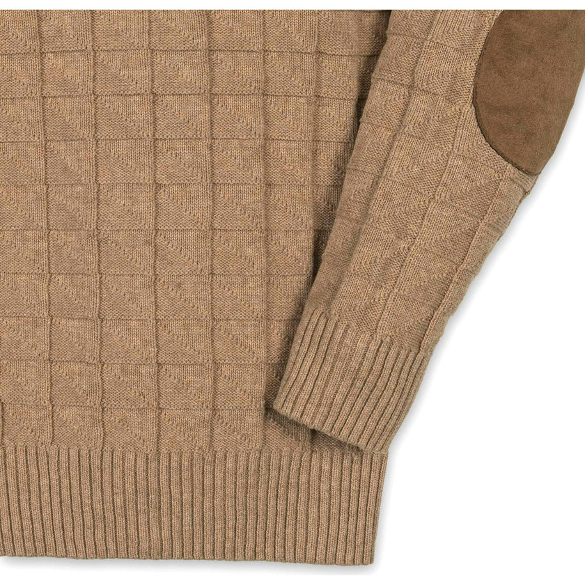 Organic Long Sleeve Henley Pullover Sweater with Elbow Patches, Beige
