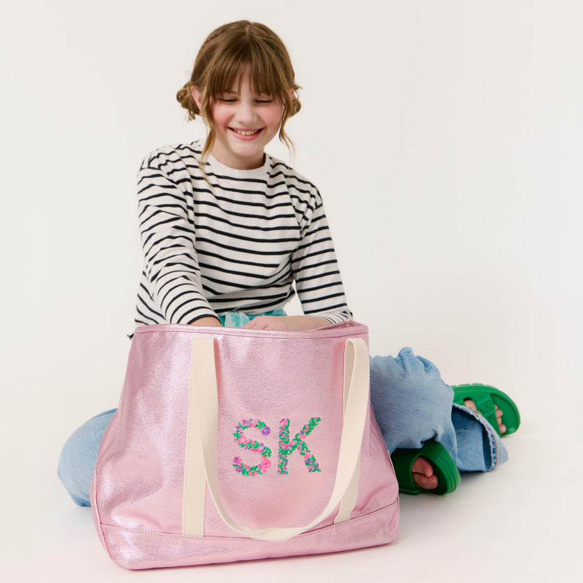 Girls Personalized Metallic Canvas Tote, Pink