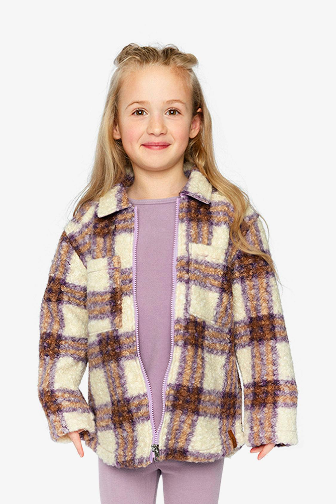 Zipped Sherpa Overshirt With Chest Pockets Beige And Mauve Plaid