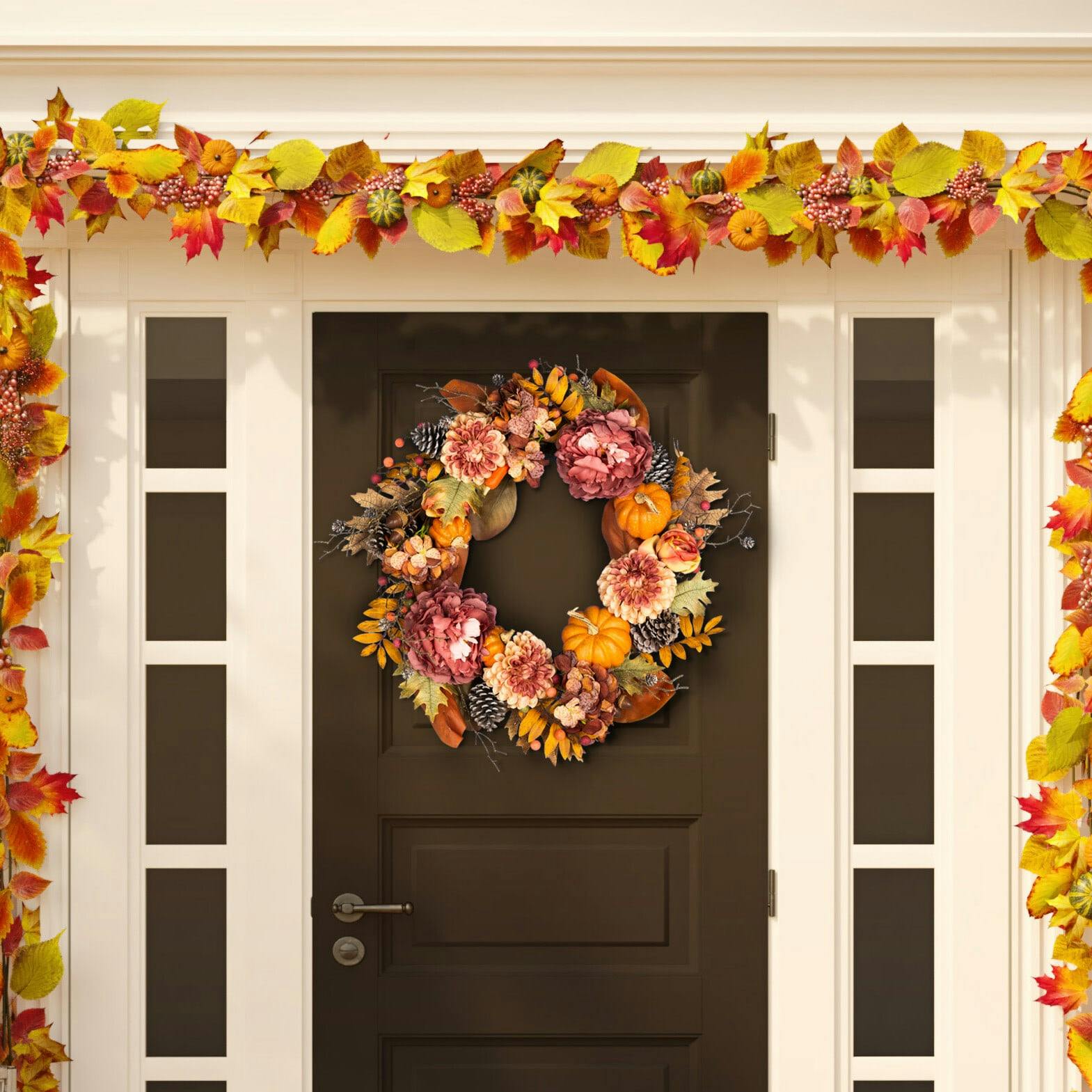 Faux 28 Inch Peony & Pumpkin Wreath with Pine Cones