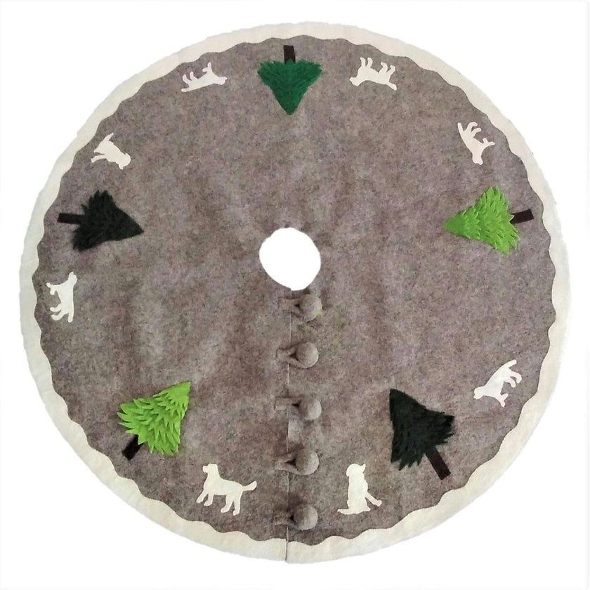Cream Dogs and Green Trees Christmas Tree Skirt Gray Hand Felted Wool - 60" / 72"