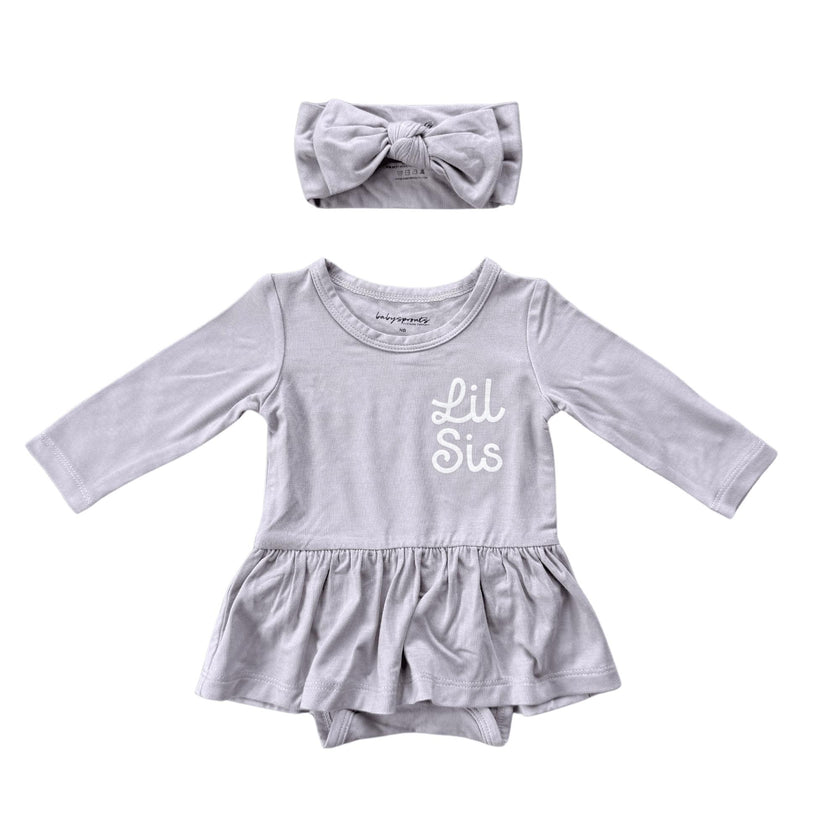 Baby Girl Long Sleeve Bodysuit Dress Set in Lil Sis in Lavender Cloud