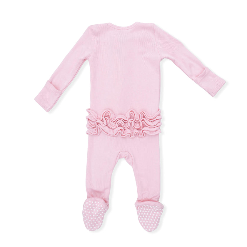Solid Romance Rose Rib - 2 Way Ruffle Front Zipper Footie
