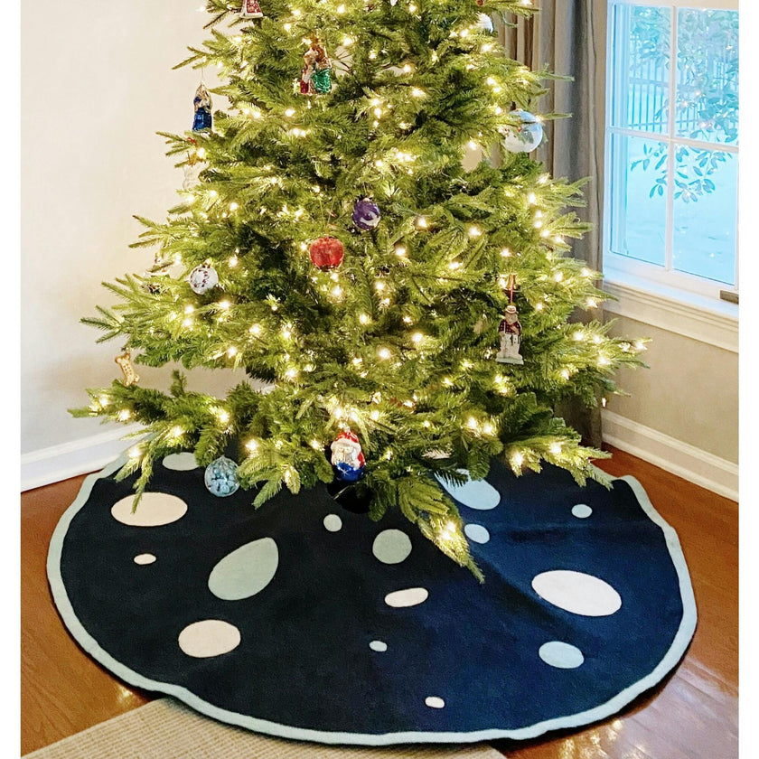 Hand Felted Wool Blue Polka Dots Christmas Tree Skirt 60"