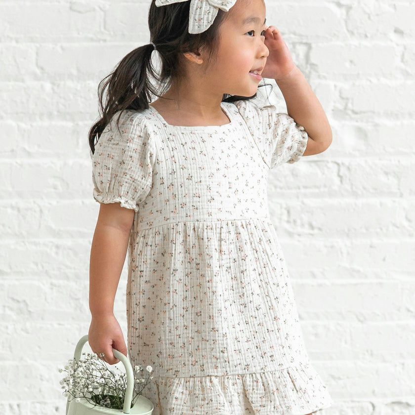 Celine Muslin Square Neck Dress - Camellia Floral / Shell + Fern