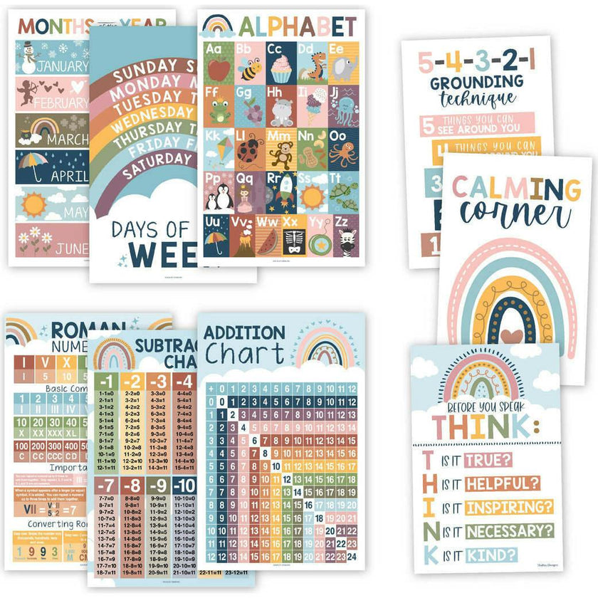 16-Piece Laminated Boho Rainbow Prek & Kindergarten Posters