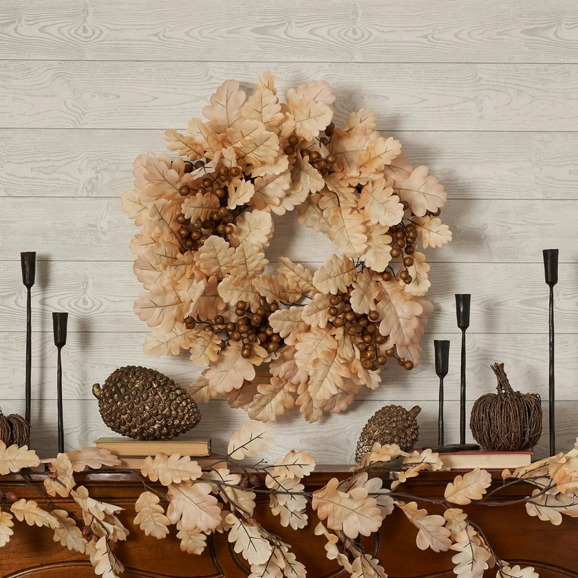 Bleached Cream Oak Leaf & Toffee Brown Berry Fall Wreath