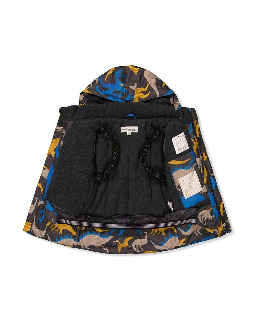 Two Piece Play Snowsuit Grey and Blue Dinosaur Print with Blue Pants