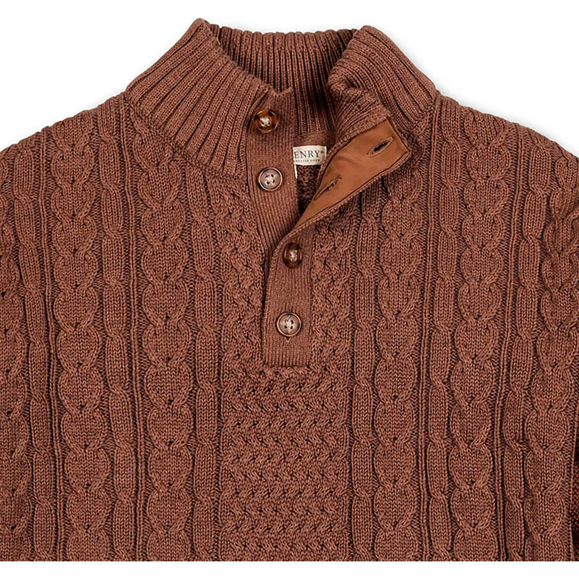 Men's Organic Mock Neck Cable Sweater, Brown