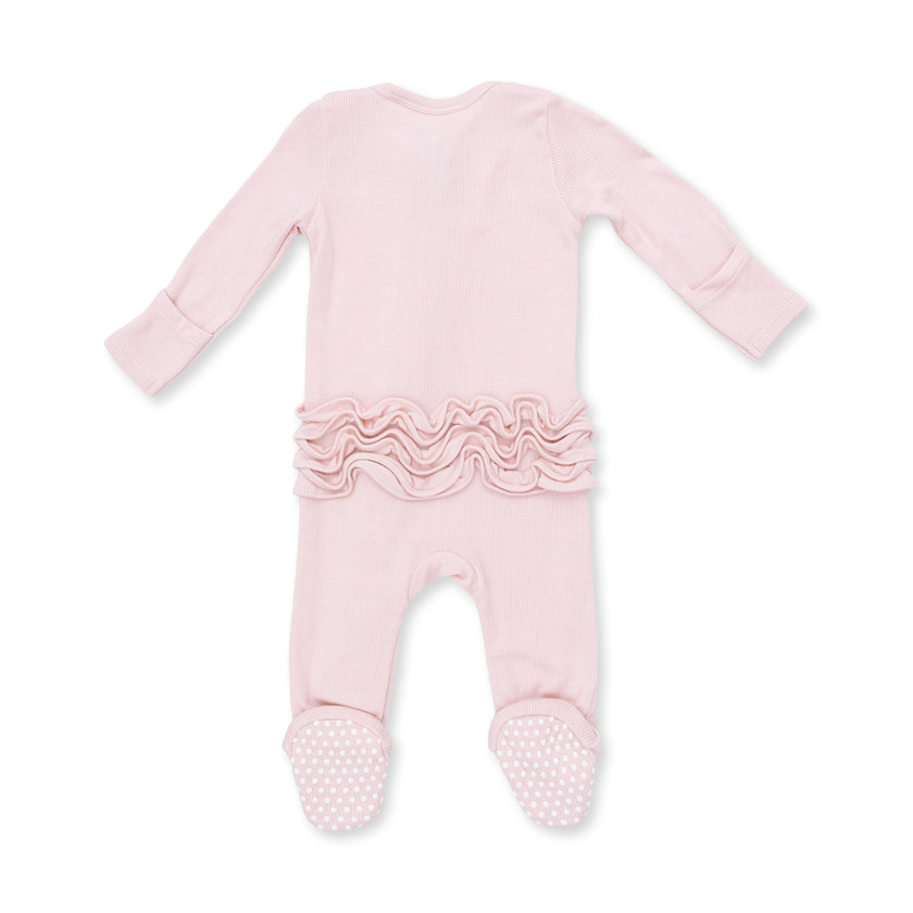 Solid Veiled Pink Rib - 2 Way Ruffle Back Zipper Footie