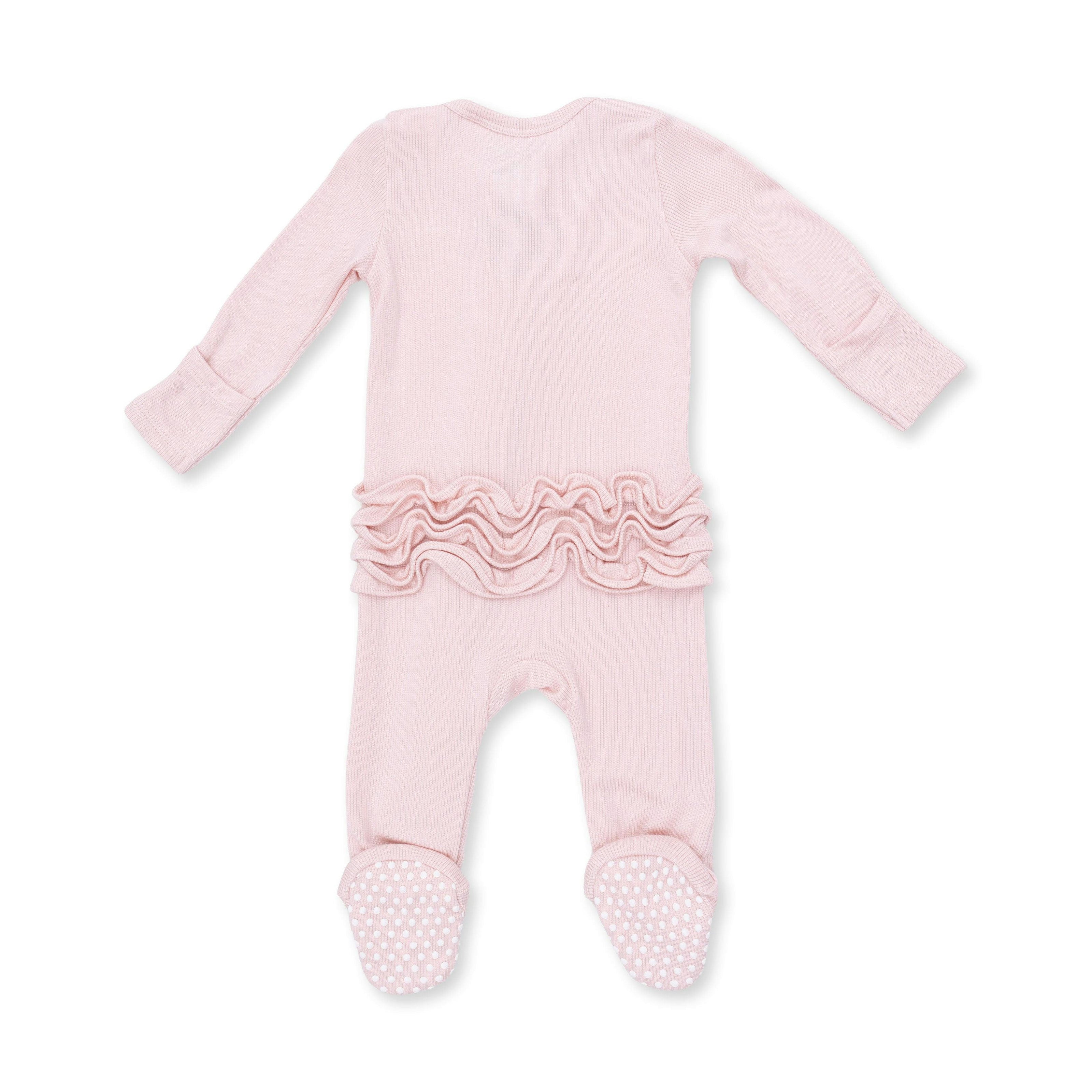 Solid Veiled Pink Rib - 2 Way Ruffle Back Zipper Footie