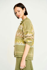 Cusco Fairisle Knit Cardigan in Olive Oil