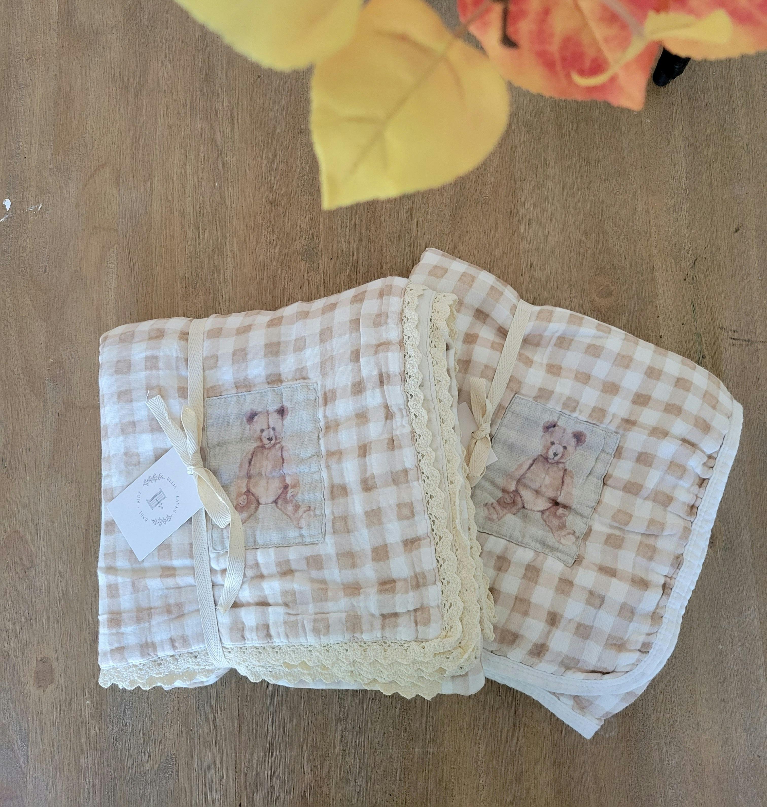 Teddy Bear Patch QUILTED 6 Layer Gauze Blanket
