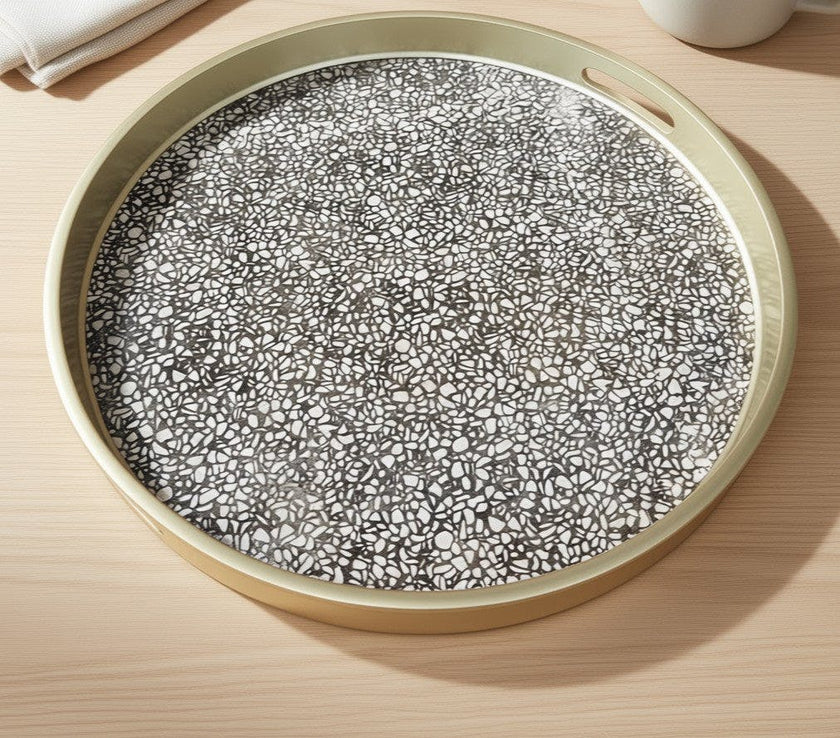 Handmade Reverse Painted Mirror Round Tray Terrazzo