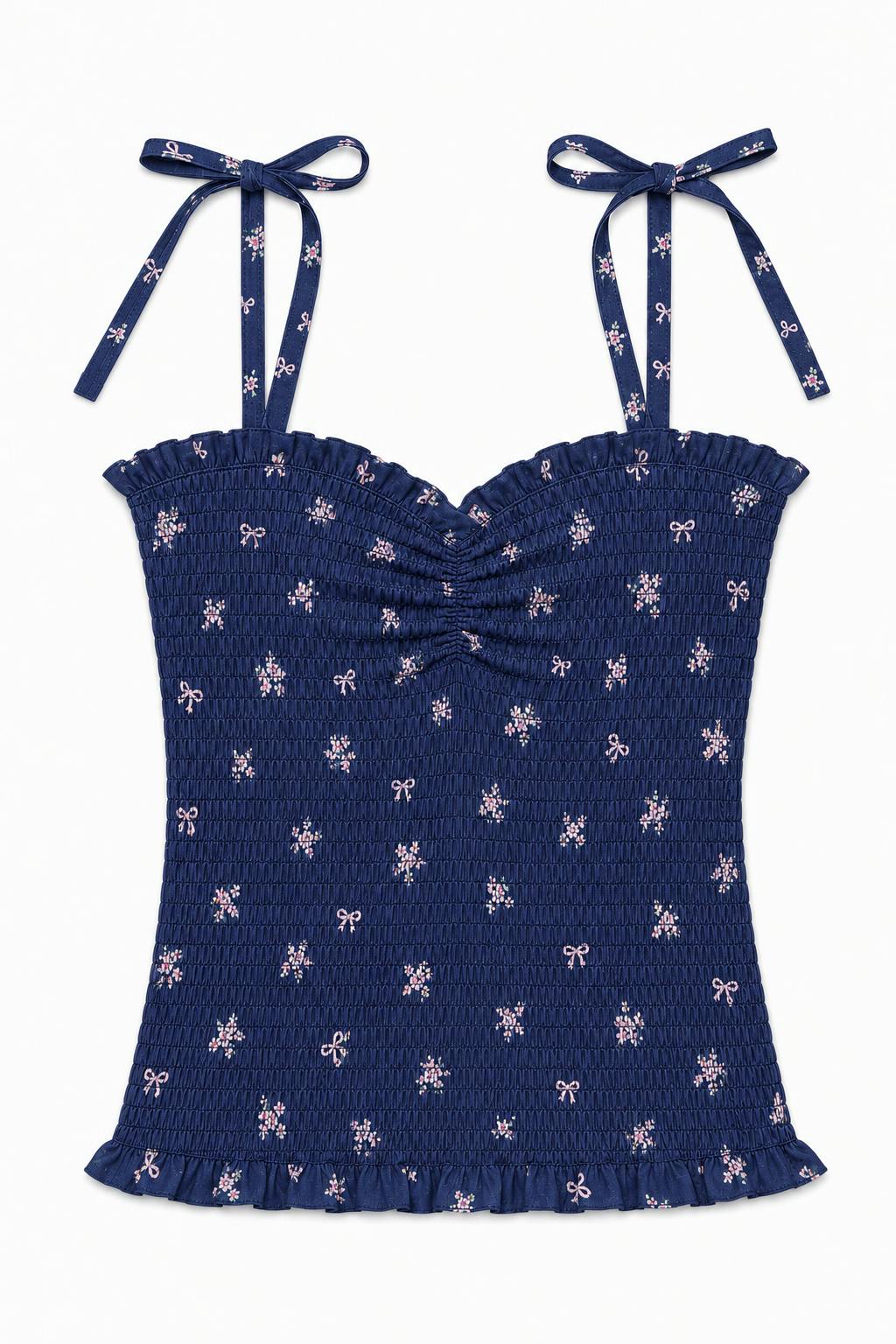 Georgia Rose Bow Navy Satin Smocked Top