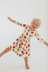 3/4 Sleeve Twirl Dress in Colorful Apples