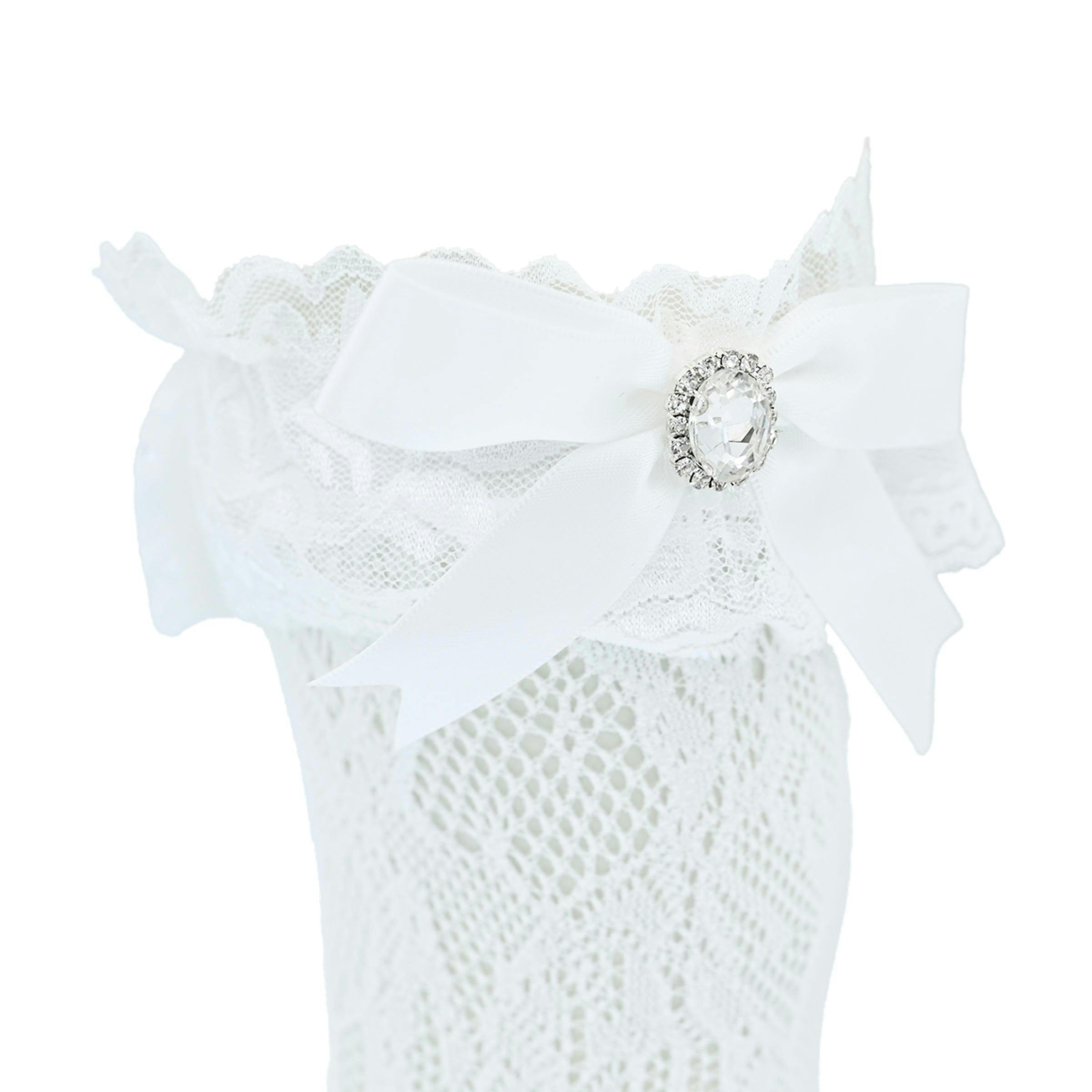 Rhinestone Lace Trim Bow Socks